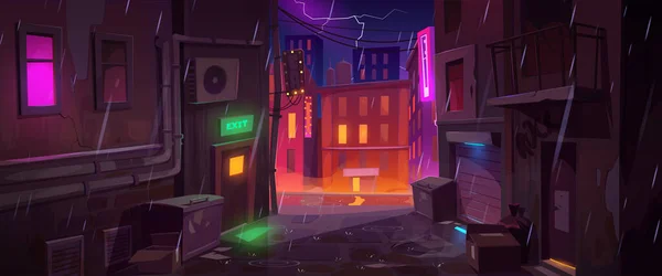 后街小巷 夜间雨中的老城区的房子 城市建筑 砖墙上的霓虹灯标志 垃圾桶和天空中的闪电的空旷黑暗小巷 矢量漫画插图 — 图库矢量图片