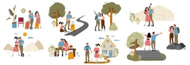 Erkek ve kadın turistler birlikte seyahat eder. Bavulu ve sırt çantalı insanlar seyahate, otostop çekmeye, şehir simgelerinin ve selfie 'nin fotoğrafını çekmeye gidiyorlar. Balayı gezisinde mutlu çift, vektör çizimi