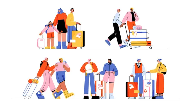 人々はスーツケースやバックパックで旅行します 荷物を持って立っている子供とカップル 友人や家族 様々なキャラクターが旅に出て ベクトル漫画のイラスト — ストックベクタ