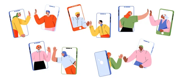 Les Gens Sur Les Téléphones Donnent Haut Cinq Appel Vidéo — Image vectorielle
