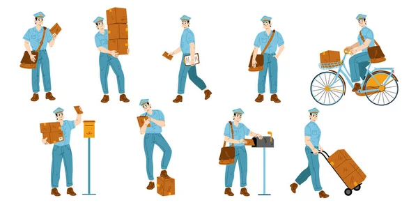 Set Postman Characters Delivering Mail Flat Vector Illustration White Background — Stock Vector