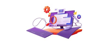 3D kodlama testi, fonksiyonel test, programlama, arama hataları ve hatalar. Web sitesi geliştirme, gösterge paneli kullanılabilirlik optimizasyonu, masadaki bilgisayar, büyüteç, ingiliz anahtarı, çizgi film illüstrasyonu
