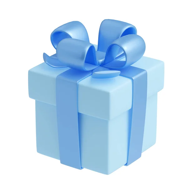 3D渲染蓝色礼品盒与彩带 分离包装与光滑的弓 节日礼物 男性生日 圣诞节 新年或婚礼惊喜 漫画塑料风格的插图 — 图库照片