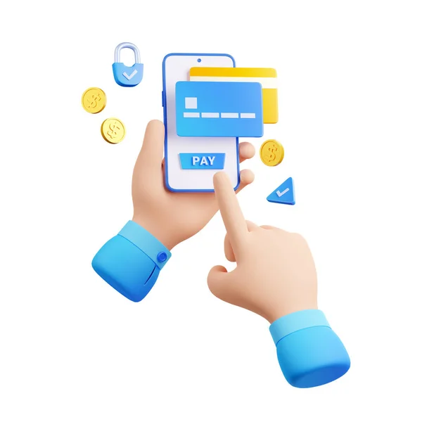 スマートフォンからキャッシュレス決済を行う手の3Dイラスト ガジェットにモバイルバンキングアプリを使用して文字 画面上の支払いボタンを押す指 セキュリティコードを挿入 オンラインでお金を転送 — ストック写真