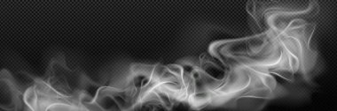 Şeffaf arkaplanda duman bulutu var. Yanan sigara ya da ateşten kaynaklanan nikotin dumanının gerçekçi temsili. Beyaz buhar, sis. Hipnotize edici sihirli sis, buharlaşma