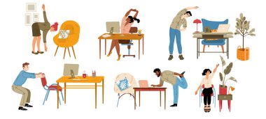 Ofis çalışanları iş yerinde egzersiz yapıyor, izole masanın yanına uzanıyor. İnsanlar iş yerinde egzersiz yapıyor, çömeliyor ve moladan keyif alıyor, çizgi film düz vektör çizimi