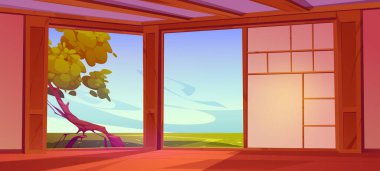 Geleneksel Japon evi ya da otelinde oda içi. Boş dojo ya da tahta zeminli ryokan, kağıt duvarlar ve yeşil tarlalı ve ağaçlı yaz manzarası, vektör karikatür çizimi