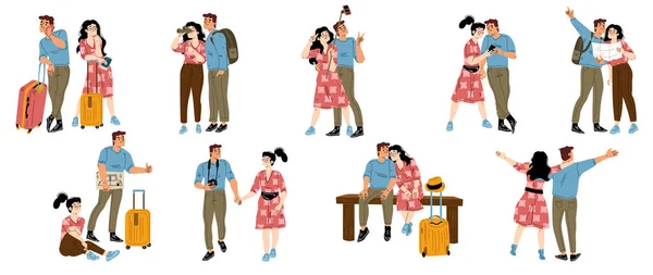 stock vector Set of happy couple traveling together, flat vector illustration on white background. Male and female tourists taking pictures, studying map, enjoying trip, go sightseeing, hitchhiking on vacation