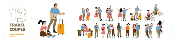 バックパック スーツケース付きのカップル旅行 若い家族旅行の文字のセット 自転車に乗って男と女 ハイキング 夏休みに写真を撮る 漫画のリニアフラットベクトルイラスト — ストックベクタ