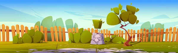 木製のフェンス 緑の草 木や地形と裏庭 空の田舎の家の庭 庭や公園 フェンスや石の舗装された地面と夏の風景 ベクトル漫画のイラスト — ストックベクタ