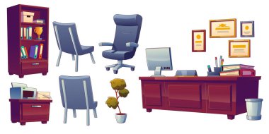 Okul müdürleri, dekan ya da ofis mobilyaları. Ahşap masa, sandalyeler, kitaplık, yazıcı ve çerçeve içindeki sertifikalar, çağdaş biçimdeki vektör illüstrasyonları ile baş kabine iç seti