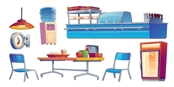 Cantina Escola Lanchonete Interior Com Balcão Mesa Cadeiras Refrigerador Água — Vetor de Stock