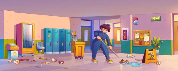Καθαρίστρια Σφουγγαρίζει Πάτωμα Στο Διάδρομο Του Σχολείου Σκουπίδια Και Σκουπίδια — Διανυσματικό Αρχείο