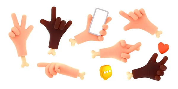 Illustration Set Multiethnic Hand Gestures Isolated White Background Victory Rock — Stock Photo, Image