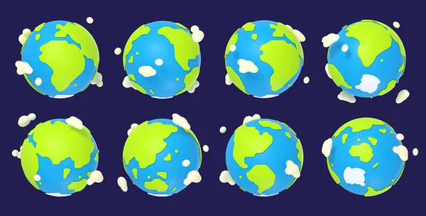 地球の惑星の漫画3Dターンアラウンドアニメーションスプライトシート 大陸と雲のテクスチャ表面回転 回転と軌道の周りを移動するシーケンスフレームと隔離された地球モデル セット — ストック写真