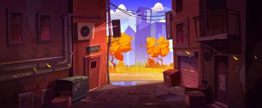 Autumn City manzaralı boş bir arka sokak. Eski evler, çöp bidonları, uçan turuncu yapraklar, çitli ve parklı yollar, vektör karikatür çizimleri...