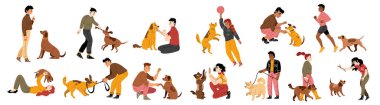 Köpeklerle oynayan ve gülümseyen mutlu insanlar, beyaz arka planda izole edilmiş düz vektör çizimleri. Erkek ve kadın karakterler eğleniyor, antrenman yapıyor, evcil hayvan besliyor. İnsan ve hayvan dostluğu