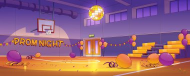School gymnasium hall after prom night celebration. Empty dark college sport court interior with balloons, garlands, scatter confetti and on floor and stroboscope. Cartoon vector illustration clipart