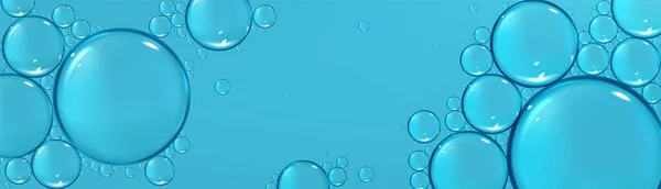 宏观水面有气泡 液体化妆品有油滴在蓝色背景和复制空间 带气泡的带抽象纹理的横幅模板 矢量真实感说明 — 图库矢量图片
