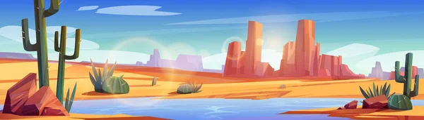 Desert Landscape Water Oasis Cartoon Vector Illustration Blue River Flowing — Stock Vector
