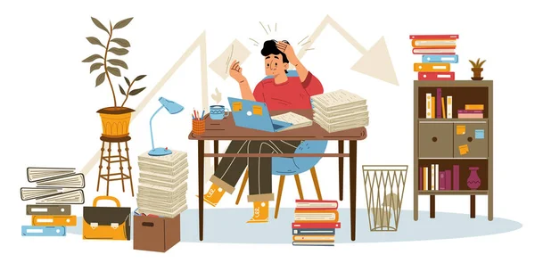 Gestresster Junger Mann Schreibtisch Mit Laptop Überlastet Mit Zusätzlicher Arbeit — Stockvektor