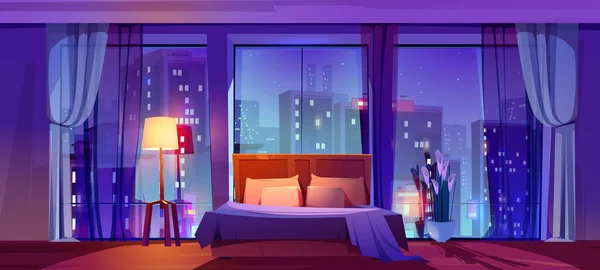 都市の景色を望むモダンなアパートのベッドルームインテリア ベッド 床ランプ カーテンや夜景とパノラマの窓 ベクトル漫画の背景を持つ空の部屋 — ストックベクタ
