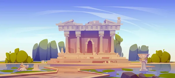 柱の壊れた建築物を放棄し 水の池で建設を破壊した 中世ローマやギリシャの遺跡 有名な歴史的建造物 漫画のベクトル図 — ストックベクタ