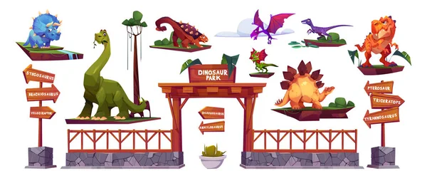 Dinossauro Parque Personagens Desenhos Animados Placas Seta Portões Estegossauro Tiranossauro —  Vetores de Stock