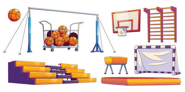 Okul Jimnastik Salonu Spor Salonu Ekipmanları Sepetinde Basketbol Topu Duvarda — Stok Vektör