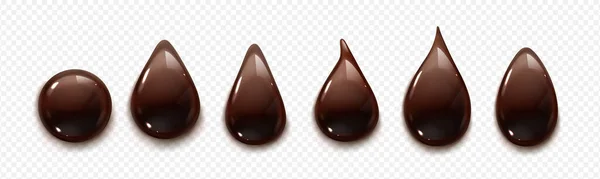 一套现实的液体巧克力滴落和污迹在透明的背景下被隔离 甜甜的可可甜食液滴具有光滑的表面和三维插图效果 精品设计要素 — 图库矢量图片