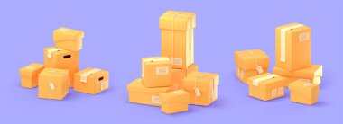 Karton paket kutuları. Yığınla paket, kargo, posta ve sipariş paketleri. Bantlı ve çeşitli etiketli kapalı karton kutular, 3D resimleme