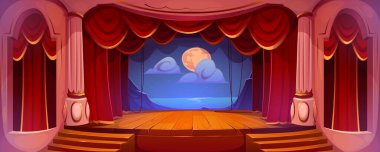 Theater stage with red curtains, wooden floor and decoration of night landscape with moon on backdrop. Theatre hall interior with empty scene, columns, stairs, balconies, vector cartoon illustration clipart