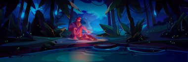 Alone lost man in jungle at night. Dark forest landscape with trees, lake, lonely character with beard and campfire. Concept of survive in uninhabited rainforest, vector cartoon illustration clipart