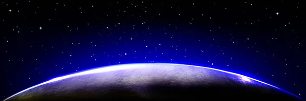 在日出的阳光下 地球或另一个行星的边缘 背景是带着星星的夜空 具有蓝色地平线大气光芒的行星地球的外层空间 矢量真实感说明 — 图库矢量图片