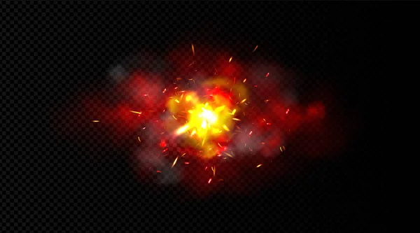 赤い煙 爆弾爆発 溶接火花や金属刃で光効果 現実的な花火 ペタードフレア または蒸しキャンプファイヤー 明るい電気円形の時計 輝くメンバーを飛んで3Dベクトル — ストックベクタ