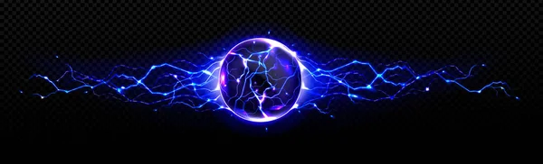 青いエネルギー放電ストライキ ラウンド雷や雷鳴サークル 子宮球 強力な魔法の電気絶妙の効果を持つ電気ボール 現実的な3Dベクトル図 — ストックベクタ