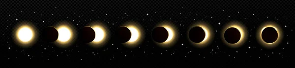 異なる段階での日食 月と太陽の合計と部分日食と透明背景に隔離された星とコスモス ベクトル現実的なイラスト — ストックベクタ