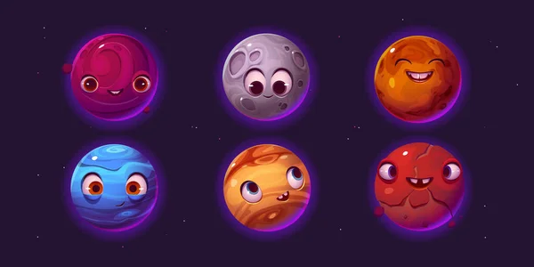 可爱的行星卡通人物 幻想我的太空游戏宇宙物体集 不同的五彩斑斓的星系或宇宙人物 有着滑稽的笑脸 陨石坑和有纹理的表面 矢量图解 — 图库矢量图片