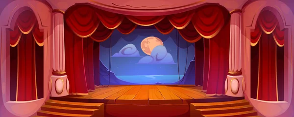 Scène Théâtre Avec Rideaux Rouges Sol Bois Décoration Paysage Nocturne — Image vectorielle