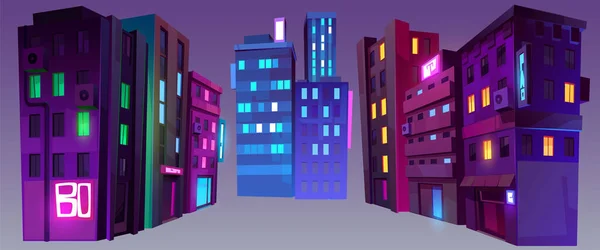 夜市の建物 隔離された近代的な住宅建築 ネオン輝く高層ビル オフィス ホテル ガラスの外観と照明を持つビジネスセンター 漫画のベクトルイラスト — ストックベクタ