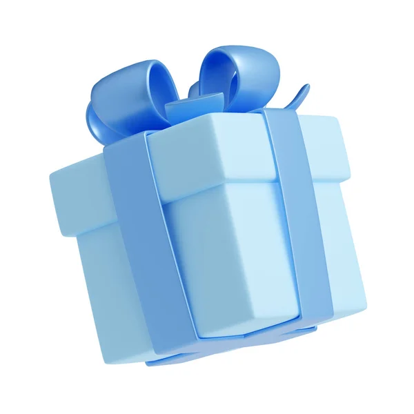 3D渲染蓝色礼品盒与彩带 分离包装与光滑的弓 节日礼物 男性生日 圣诞节 新年或婚礼惊喜 漫画塑料风格的插图 — 图库照片