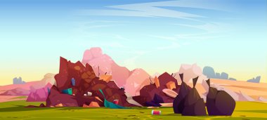 Arazi dolgusu, çevre kirliliği kavramı ve tabiatın arka planında sıralanmamış çöp yığını. Dağınık atıklar, çöpler, çöpler ve çöpler, tehlikeli çöplükler, Çizgi film vektör çizimleri