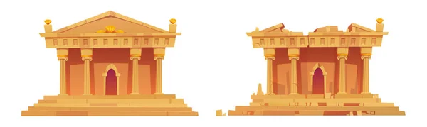 一套保存完好 被毁的古代建筑立面 以白色背景隔离 带有柱子和楼梯的古希腊或罗马庙宇的卡通矢量图解 历史建筑地标 — 图库矢量图片