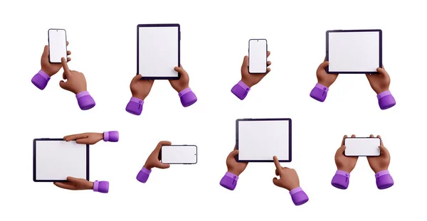 Renderowania Czarne Ręce Trzymając Urządzenia Elektroniczne Smartfony Tablet Pustym Wyświetlaczem — Zdjęcie stockowe