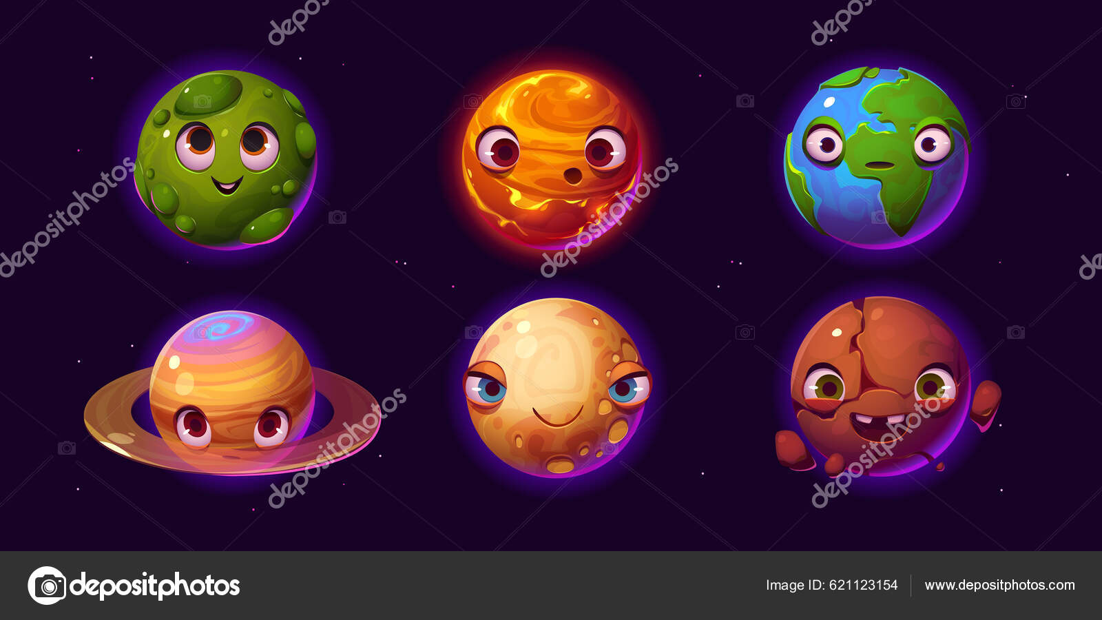 Jord Planeter Asteroidefigurer Med Ulike Følelser Søte Galakseobjekter  Morsomme Kosmiske stockvektor © klyaksun #621123154, image size:1600x900