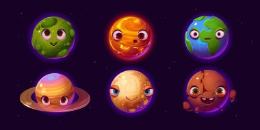 Dünya, gezegenler ve farklı duyguları olan asteroid karakterler. Şirin galaksi nesneleri, komik kozmik küreler gülümsüyor, şaşırmış ve üzgün, vektör karikatürü siyah arkaplanda izole edilmiş.