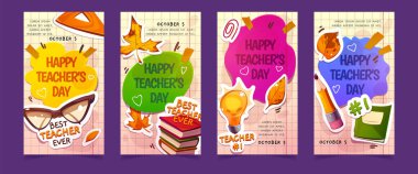 Defter sayfasında kitap, gözlük, kalem ve sonbahar yapraklı mutlu öğretmenler günü posterleri. Öğretmenler bayram tebrik kartları, vektör karikatür seti