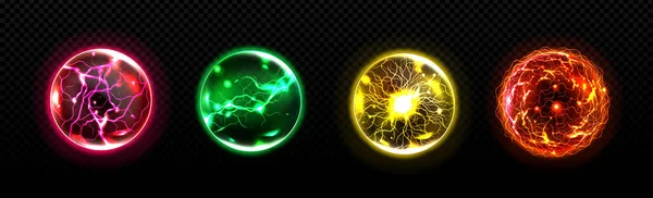 オレンジ 緑の色で雷効果を持つエネルギーボールのセット 放電バンドルPng 魔法の力 透明背景に隔離された現実的なベクトル図 — ストックベクタ