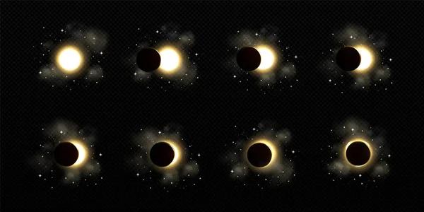 日食或月食与恒星 不同阶段的月食和日食在空间的影响 用行星的黑色阴影照亮的圆圈消失并呈现运动 现实的3D矢量图解 — 图库矢量图片