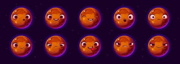 Cute planet character emoji set, cartoon ui space game cosmic object happy, sad, surprised wow face, show tongue, angry and confident. Galaxy or universe personage with funny faces Vector illustration